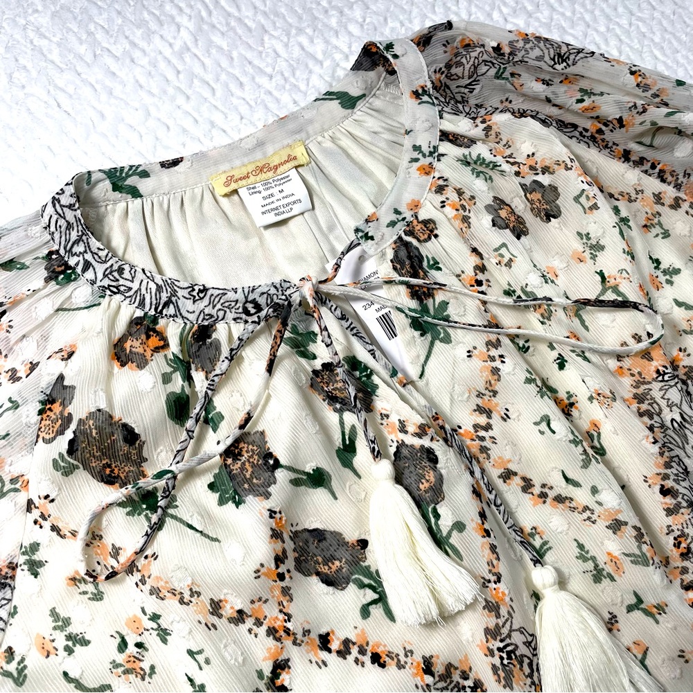 Sweet Magnolia Diamond Floral Print Chiffon Top Off White Boho Blouse Size M